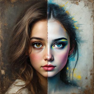 The primary subject of the image is a woman with two different colored eyes. The setting is a painting, and the visual style is a combination of photo and digital art. The colors and mood of the image are vibrant and lively, with the woman's eyes being the focal point.